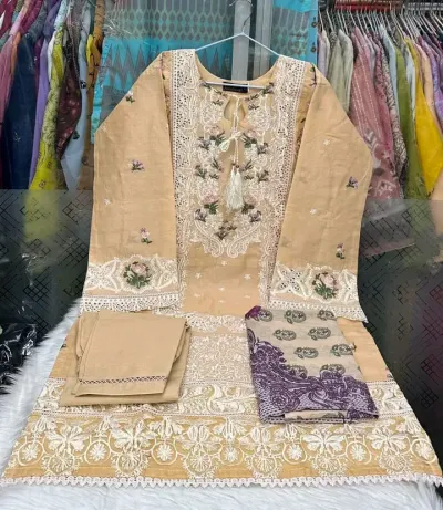 Elegant Beige Embroidered Ladies Dress Set