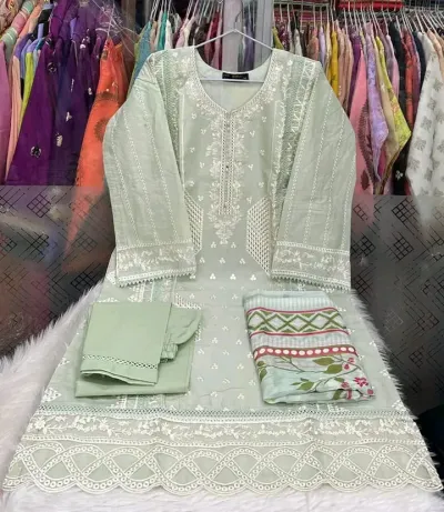 Elegant Mint Green Embroidered Ladies Dress Set