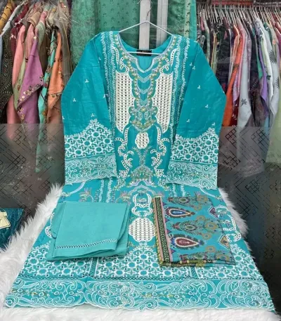 Premium Aqua Embroidered Ladies Dress Set